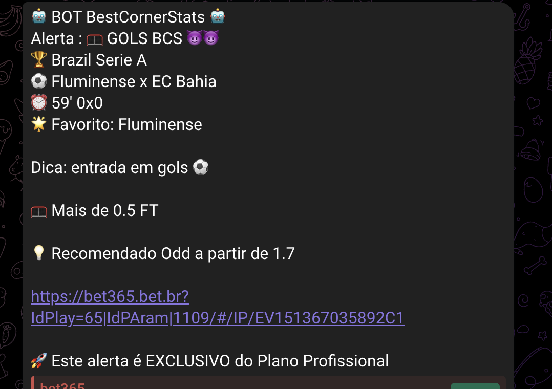 Exemplo real de alerta de gols enviado pelo bot BCS no Telegram